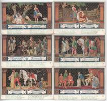 BUDAPEST - 12 db RÉGI képeslap: Egyetem utca 5. Erzsébet Királyné Szálló étterem és söröző pince, Sándor Béla falfestménye Petőfi Sándor János vitézéből, teljes sorozat eszperantó fordítással / 12 pre-1945 wall paintings postcards, complete series with Esperanto translation