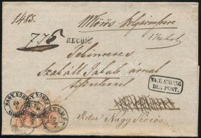 ~1855 2 x 3kr + 6kr ajánlott levélen, többszörösen utánküldve, "NAGKŐRÖS" - Kiskőrös, visszaküldve / 2 x 3kr + 6kr on registered cover, returned