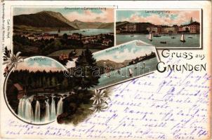 1897 Gmunden, Traunsfall, von Calvarienberg, Landungsplatz, Schloss Ort. Carl Otto Hayd / general view, waterfall, castle. Art Nouveau, floral, litho (EB)