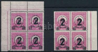1932 Kisegítő 518. és 519. sz. bélyeg négyestömbben, az 518. ívsarki, Leitold vizsgálójellel / Mi 488x + 488y in blocks of 4