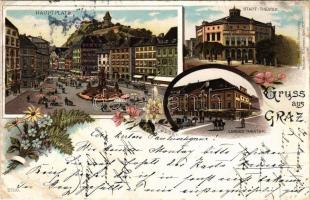 1896 Graz, Hauptplatz, Stadt-Theater, Landes-Theater. Loius Glaser / main square, theatre. Art Nouveau, floral, litho (r)