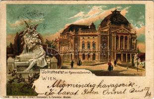 1900 Wien, Vienna, Bécs; Volkstheater mit Raimunds-Denkmal / theatre, monument. Verlag v. Karl Stücker's Kunstanstalt. litho s: E. Czech (EB)