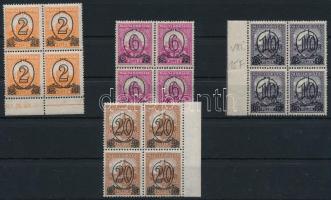 1931 Kisegítő I. VIII. vízjelű sor négyestömbökben, a 20/25f 14 : 14 1/4, a többi 15-ös fogazással / Mi 471-474x set in blocks of 4