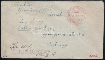 1945.febr.9. Levél 80f készpénzes bérmentesítéssel, "ÚJKIGYÓS" szükségbélyegzéssel / Cover with 80f cash franking and auxiliary postmark
