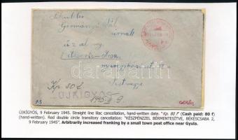 1945.febr.9. Levél 80f készpénzes bérmentesítéssel, "ÚJKIGYÓS" szükségbélyegzéssel / Cover...