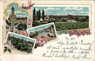 1899 Szentgotthárd, Templom, Fő tér, Rábapart. Wellisch Béla kiadása. Art Nouveau, floral, litho (EB)