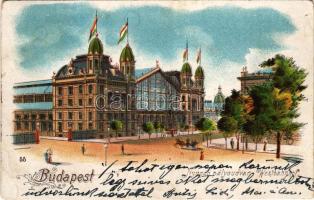 Budapest VI. Nyugati pályaudvar, vasútállomás, magyar zászlók. litho (fl)