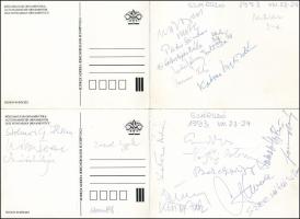 1993 Balatonszárszó, az I. Szárszói Találkozón részt vevő értelmiségiek által aláírt 2 db képeslap, összesen 21 db aláírással, köztük Szűrös Mátyás (1933- ) politikus, Makovecz Imre (1935-2011) építész, Szervátiusz Tibor (1930-2018) szobrász, Püski Sándor (1911-2009) könyvkiadó, Andrásfalvy Bertalan (1931- ) néprajzkutató, politikus, Stolmár G. Ilona, Zacsek Gyula és mások
