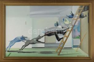 Neuberger István (1953-): "Uzsgyi", 2021. Olaj, farost. Jelezve jobbra lent: Neuberger 21. Hátoldalán címkén Neuberger István autográf feliratával. Dekoratív, kissé kopott fakeretben. 50x80 cm