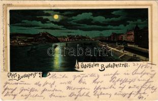1900 Budapest I. Királyi vár és várbazár este holdfényben, rakpart, gőzhajók. Regel &amp; Krug. No. 1889. Art Nouveau, litho (EK)