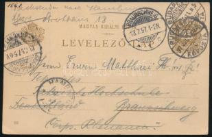 1897 2kr millenniumi levelezőlap továbbküldve, sok bélyegzéssel / 2kr millennial PS-card, redirected