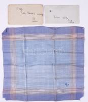 Vitéz nagybányai Horthy István (1904-1942) kormányzóhelyettes, repülő főhadnagy, Horthy Miklós kormányzó fiának monogramos zsebkendője, hozzá címeres levélpapírra írt üdvözletével, "Pista" aláírással, valamint saját kezűleg címzett borítékkal. A zsebkendőn kisebb sérülésekkel, mérete: 42x40 cm