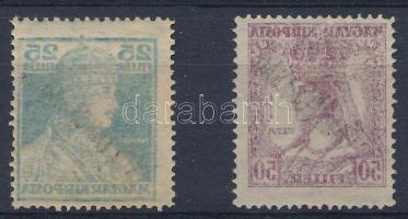 1918 Köztársaság Károly-Zita 25f + 50f gépszínátnyomattal (25f halvány gumihibák) / Mi 239 + 241 with machine offset (Mi 239 light gum disturbances)