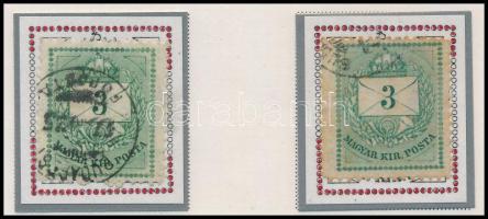 1874 2 x 3kr durva gyöngyjavítással (ex Orbán, Sebestyén aranyérmes kiállítási anyagból) / with retouche