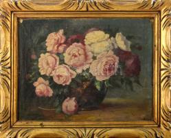 Vincze jelzéssel: Csendélet. Olaj, vászon. Sérült. Dekoratív, kopott fakeretben. 30x40 cm