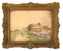 Neogrády Antal (1861-1942): Hazafelé. Akvarell, papír, jelezve jobbra lent. Üvegezett, dekoratív fakeretben, 30×40 cm