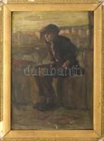 Olvashatatlan jelzéssel, XX. sz. eleje-első fele: Csavargó. Olaj, vászon, kartonon. Dekoratív, sérült fakeretben, 38×27 cm