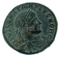 Római Birodalom / Constantina (Arles / II. Constantinus 330-348. Follis bronz (2,44g) T:XF, karc Roman Empire / Constantina (Arles / Constantine II 330-348. Follis bronze "FL IVL CONSTANTIVS NOB C / GLOR-IA EXERC-ITVS SCONS" two soldiers holding spears and shields with two standards between them. In centre: palm branch on ground. (2,44g) C:XF, scratch RIC VII. 360