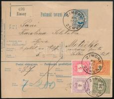 1889 Csomagszállító 2kr + 5kr + 30kr + 50kr négyszínű bérmentesítéssel, "ZIMONY / ZEMUN" / Parcel card with colourful franking