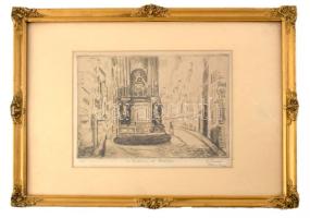 Olvashatatlan jelzéssel: Párizs, Fontaine Moli?re (Moliere-kút), 1924. Rézkarc, papír. Számozott (7/25). Dekoratív, üvegezett fakeretben, 17,5×23 cm