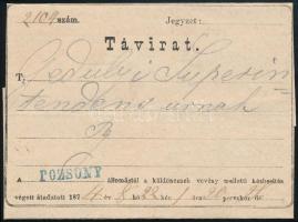 1874 Távirat kék "POZSONY" bélyegzéssel / Telegram with blue postmark from Bratislava