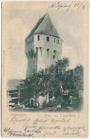 1899 Segesvár, Schässburg, Sighisoara; Schusterthurm / Cipészek bástyája. Dombornyomott, Fritz Teutsch kiadása / bastion tower. embossed + "BRASSÓ - BUDAPEST 15. SZ." vasúti mozgóposta bélyegző (fl)