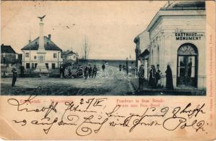 1899 Bosanski Brod, Spomenik / Monument, Gasthaus zum Monument. Ottokar Rechnitzer / military heroes statue, restaurant and hotel (EK) + "BROD - NAGY-KANIZSA 61. SZ." vasúti mozgóposta bélyegző (EB)