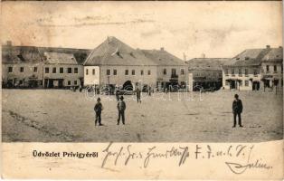 1900 Privigye, Prievidza; Erzsébet tér, templom, Gazdasági bank, gyógyszertár, üzletek. Gubits B. kiadása / square, church, bank, shops, pharmacy (EB)