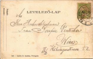 1900 Privigye, Prievidza; Erzsébet tér, templom, Gazdasági bank, gyógyszertár, üzletek. Gubits B. ki...