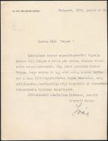 1922 Bp., nagyrákói és kelemenfalvi Rakovszky Iván (1885-1960) politikus, belügyminiszter (Bethlen-kormány, 1922. június 16. - 1926. október 15.) autográf aláírása gépelt köszönő levelén, "Kedves Pali Bátyám!" megszólítással, 1922. június 26.