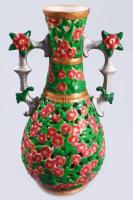 Ficher virág mintás áttört váza. Kézzel festett, későbbi festés, jelzett. Hibátlan 27 cm