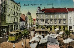 Zagreb, Zágráb; Pejacevicev trg / utca, villamos, Ernest Kardos üzlete. Vasúti levelezőlapárusítás 1467. / Pejacevic square, tram (EB)