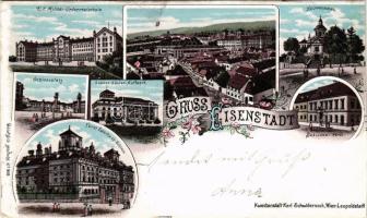 1898 Kismarton, Eisenstadt; Katonai alreáliskola, Kálvária hegy, Esterházy herceg kastélya / Militär Unterrealschule, Kalvarienberg, Fürst Esterhazy Schloss / military school, calvary hill, castle, hotel. Karl Schwidernoch Art Nouveau, floral, litho (vágott / cut)