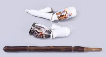 2 db porcleán pipa fej, Matricás, jelzett, 12, 16 cm + egy szár