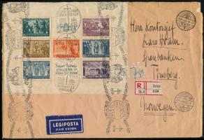 1938 Szent István blokk ajánlott légi levélen Norvégiába. Rendkívül ritka darab, köznapi állapotban / Mi 4 block on registered airmail cover to Norway. Very rare piece in average condition