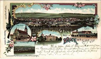 1898 Lajtabruck, Bruck an der Leitha; templom, cs. és kir. katonai laktanya, vasútállomás, Harrach kastély / Pfarr-Kirche, Schloss, Bahnhof, K.u.K. Militär Lager / church, military barrack, railway station, castle. Kunstanstalt Karl Schwidernoch Art Nouveau, floral, litho (vágott / cut)