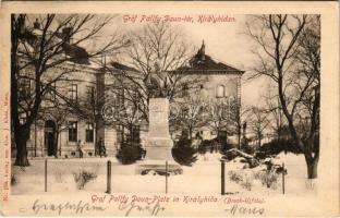 1901 Királyhida, Bruckújfalu Tábor, Brucker Lager, Bruckneudorf; Graf Pallfy Daun-Platz. Alex J. Klein Nr. 150. / Gróf Pállfy Daun tér télen, Ferenc József szobor / winter, square, statue (EK)