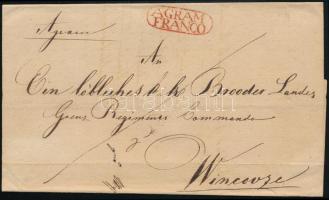 1834 Távolsági félportós levél piros "AGRAM FRANCO" bélyegzéssel Vinkovcéba / Domestic half-paid cover with red postmark (Müller 80 p)