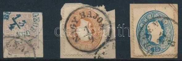 1861-1863 2 db bélyeg és 1 Hírlapbélyeg:  kék / blue "BUR SCT. GEORGEN" (Gudlin 600 p) "NAGY BAJOM" (Gudlin 150 p) "ÜRMÉNY" (Gudlin 400 p)
