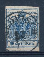 1850 9kr HP III papírráncos bélyeg kis lemezhibával "MEDVISCH", 1850 9kr HP III with small plate flaw and paper crease, "MEDVISCH"