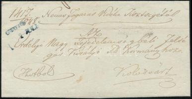 1848 Ex offo levél kék negatív "FOGARAS" bélyegzéssel Kolozsvárra. Ritkán látható ilyen minőségben!/ Ex offo cover with blue negative postmark to Kolozsvár. Rarely seen in such good condition! (Müller 850 p)