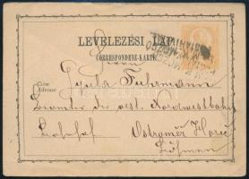 1873 Díjjegyes levelezőlap Tarnócról "1. SZ. M. K. MOZGÓ POSTAHIVATAL" kék "HORIC" érkezési bélyegzés, 1873 PS-card from Tarnóc with blue "HORIC" arrival postmark