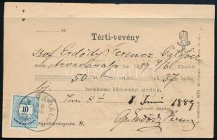 1889 10kr tértivevényen / on retour receipt "ÁRVA VÁRALJA"