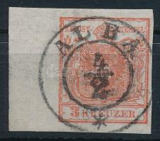 1850 3kr HP I. quadrilpapíron, 10,5 mm ívszéllel, látványos lemezhiba a bal oldali pajzsvonalnál, "ALBA". Friss, luxus darab! / Mi 3 type HP I on quadril paper with margin and plate variety. Fresh piece, luxury condition!