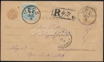 1888 2kr díjjegyes levelezőlap 10kr kiegészítéssel ajánlott küldeményként feladva / Registered 2kr PS-card with 10kr additional franking "VÁCZ" - "VANYARCZ / NOGRÁD M"