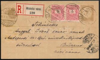 1894 Ajánlott 2kr díjjegyes levelezőlap 2 x 5kr díjkiegészítéssel / Registered PS-card with additional franking "MISKOLCZ"