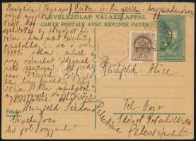 1940 10f díjjegyes, díjkiegészített levelezőlap Palesztínába küldve, ott cenzúrázva / PS-cover with additional franking to Palestine with censure