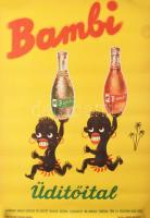 1947 Bambi üdítőital. Reklámplakát. Gyártja: Hazai Szikvíz és Üdítő Italok Üzeme Budapest VIII. Mária Terézia tér 11. F.K.: Csukási Gartner Károly. Nyitrai Sándor. Bp., [1947], Csukási Gartner Károly ? Nyitrai Sándor. Feltekerve, lapszéli szakadással, 57x40 cm