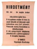 cca 1950-59 Hirdetmény, rákszűrőviszgálat, papír, Vörös Csillag Nyomda, Bp., hajtásnyomokkal, lapszéli szakadásokkal, 59x41,5 cm