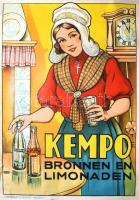 1935 Ernest Roose (1887-1965): Kempo ásványvíz és limonádé, belga reklámplakát, litográfia, feltekerve, lapszéli szakadással és gyűrődésekkel, kisebb ráragadt papírdarabkákkal, 85x60 cm / Kempo Belgian mineral water and lemonade advertisement poster, lithography, with tears and creases on the edge, 85x60 cm
